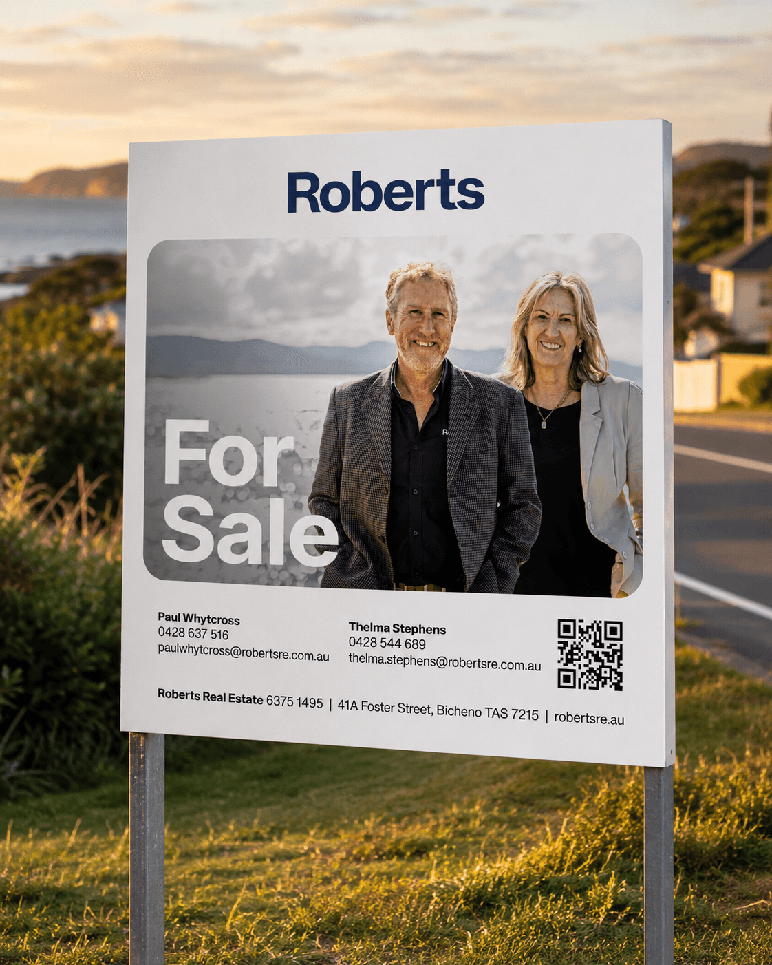 Roberts Real Estate corflute signage printed by Brand in Black
