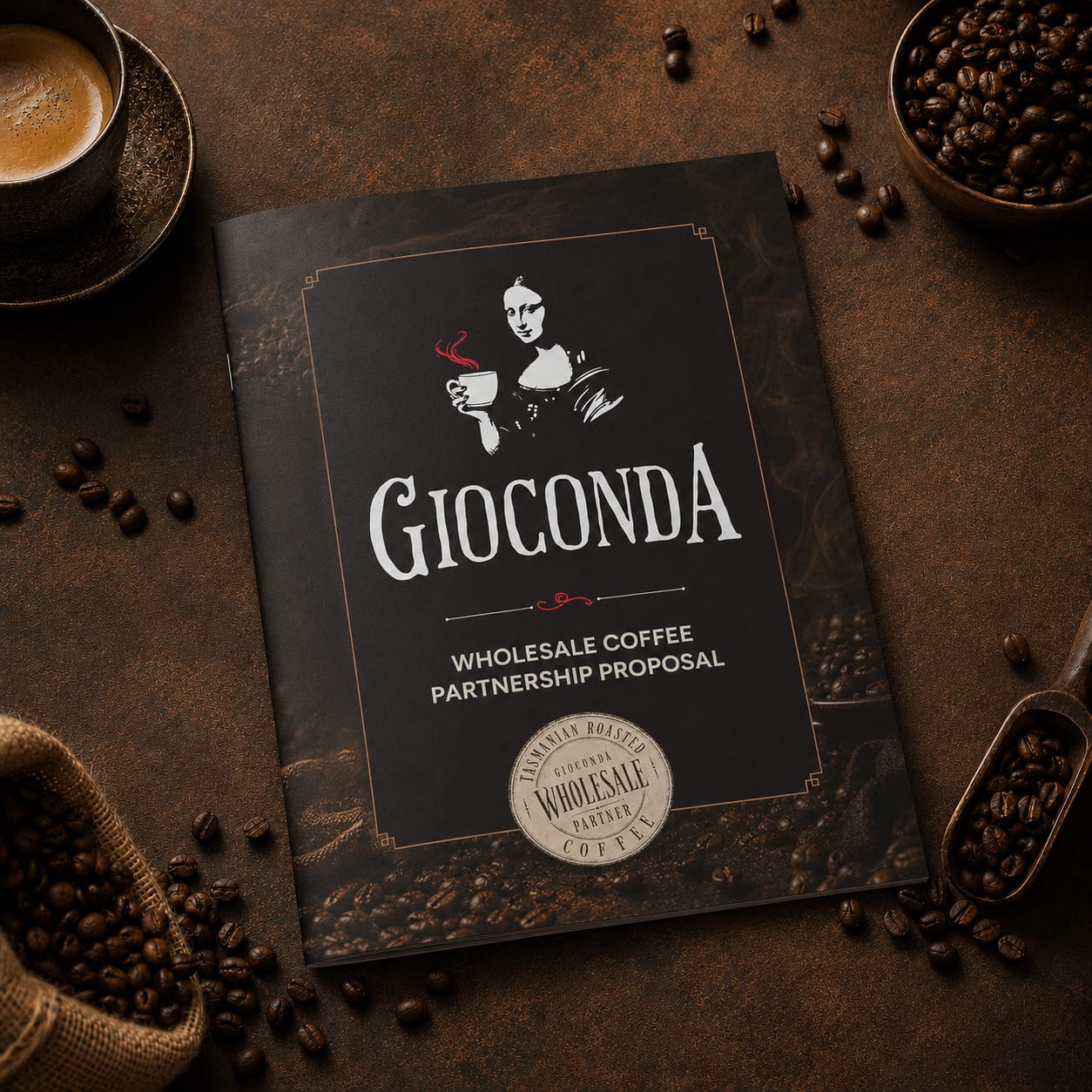 Gioconda Coffee wholesale partnership booklet cover by Brand in Black