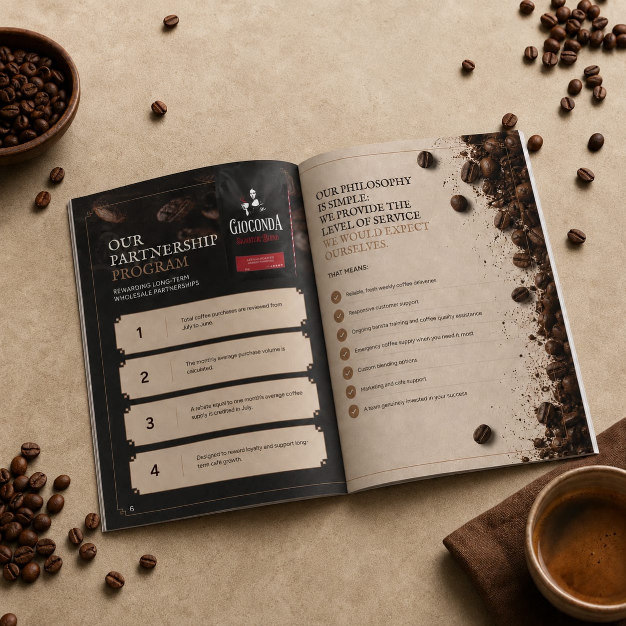 Gioconda Coffee booklet partnership program spread by Brand in Black
