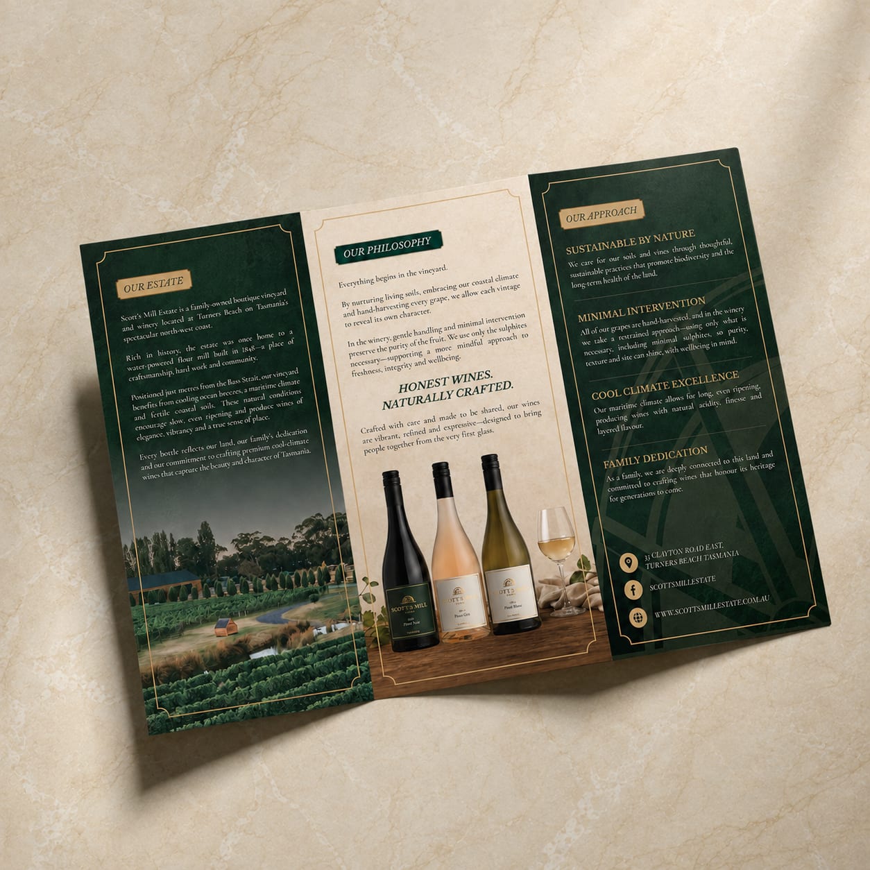 Scott's Mill Estate tri-fold brochure inside spread by Brand in Black