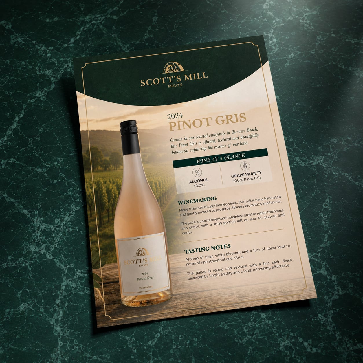 Scott's Mill Estate Pinot Gris A4 wine flyer by Brand in Black